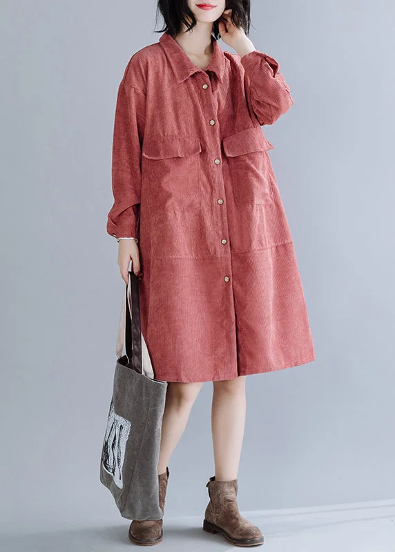 Style Brick Red Oversized Corduroy Vacation Dresses Spring Monochrome unclassified dresses