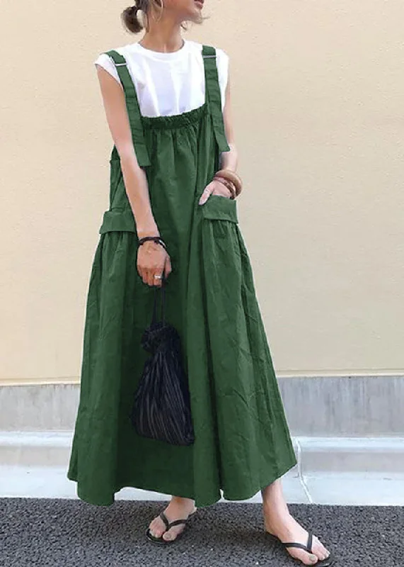 Style Green Oversized Pockets Exra Large Hem Cotton Strap Dresses Spring Pastel unclassified dresses