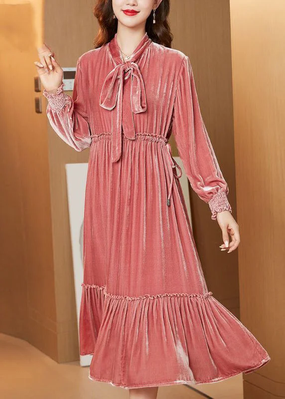 Style Orange Bow Collar Ruffled Silk Velour Cinched Dress Spring Anniversary unclassified dresses