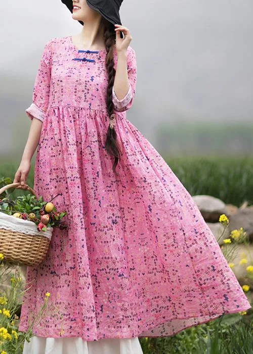 Style Pink Print Dresses O Neck Chinese Button Traveling Spring Dresses Festival unclassified dresses