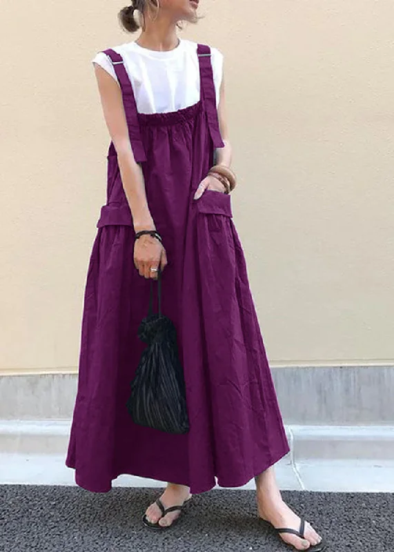 Style Purple Oversized Pockets Exra Large Hem Cotton Strap Dresses Spring Beaded unclassified dresses