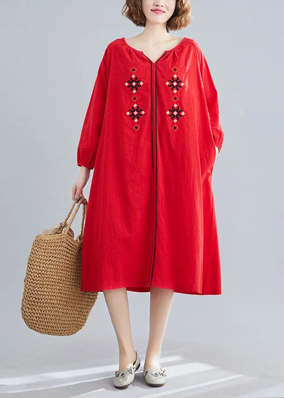 Style Red Embroidered Loose Dresses Spring Fall unclassified dresses