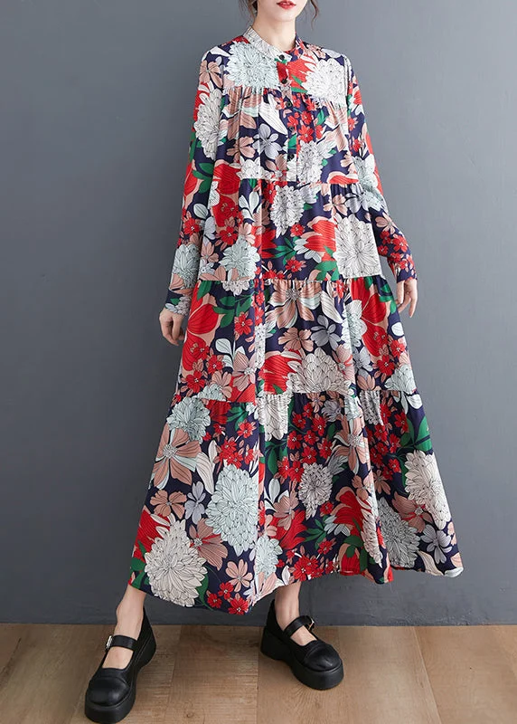 Style Red Oversized Patchwork Print Chiffon Vacation Dress Spring Short unclassified dresses