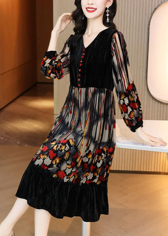 Stylish Black V Neck Patchwork Print Exra Large Hem Silk Velour Dress Spring Graduation unclassified dresses