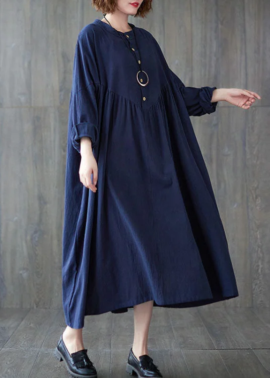 Stylish Navy Button Patchwork Dress Spring Dark color unclassified dresses