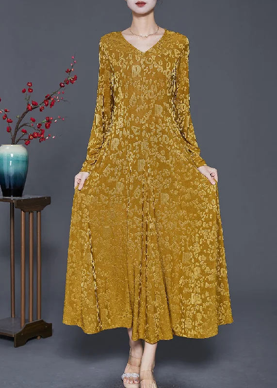 Stylish Yellow Jacquard Exra Large Hem Silk Velour Dress Spring High-low unclassified dresses