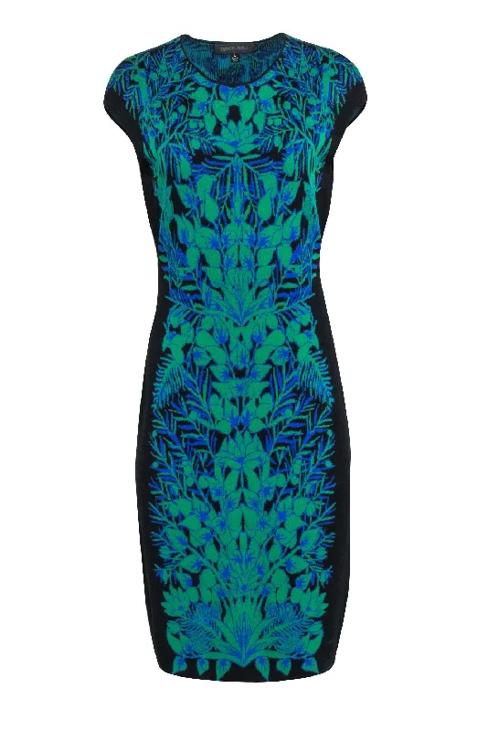 Tadashi Shoji - Black w/ Green & Blue Print Knit Dress Sz L Discounted unclassified dresses