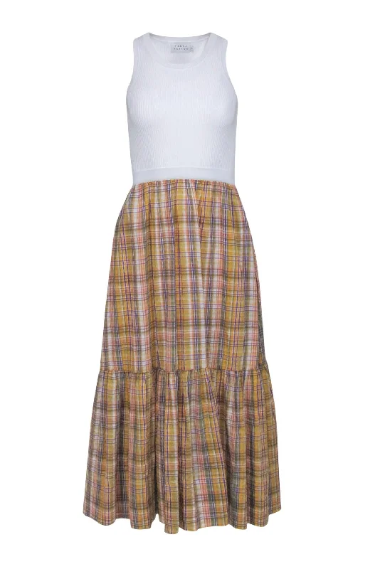 Tanya Taylor - Yellow Madras Plaid Print Dress w/ White Knit Bodice Sz XS Y2K unclassified dresses