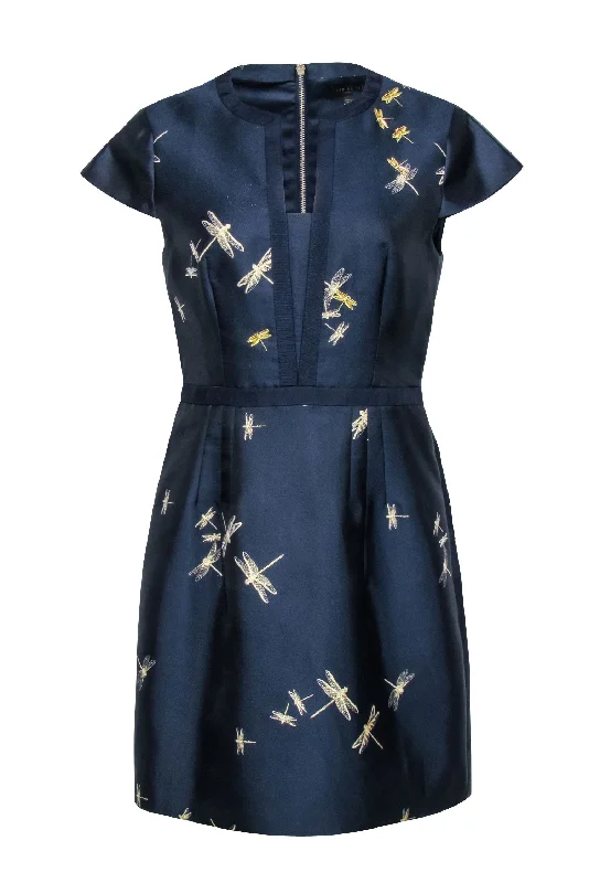 Ted Baker - Navy & Gold Dragonfly Jacquard Dress Sz 8 Chiffon unclassified dresses