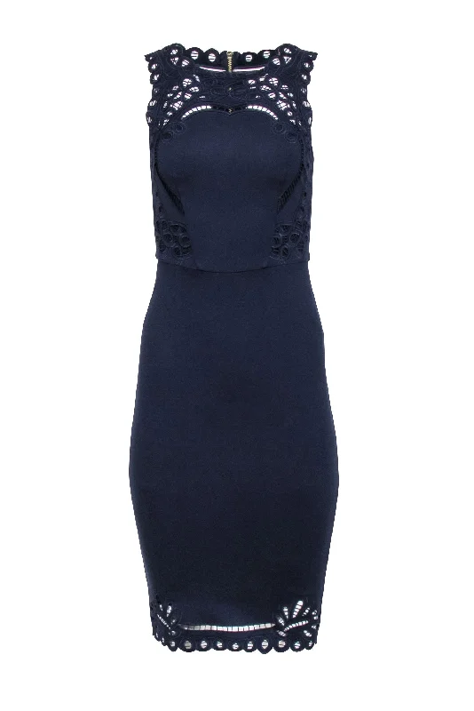 Ted Baker - Navy Embroidered Trim Sheath Dress Sz 2 Boho unclassified dresses