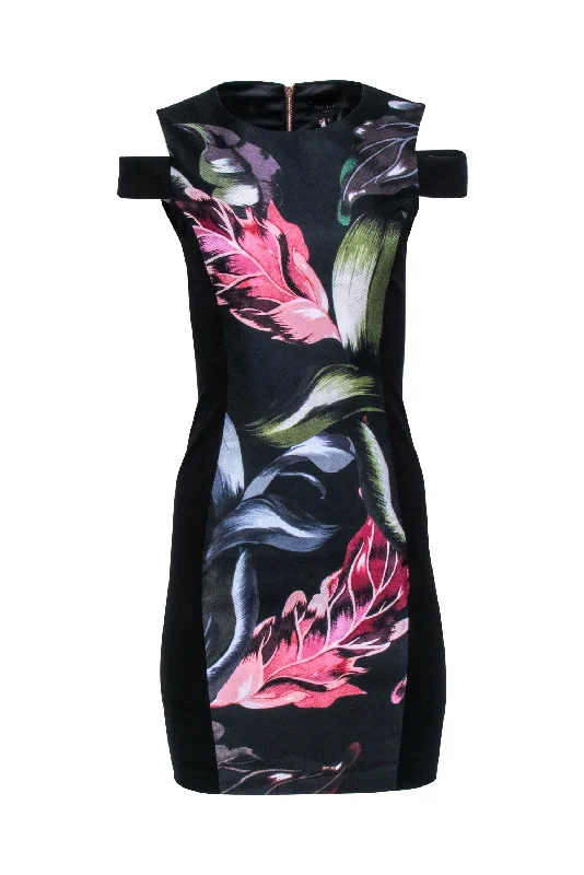 Ted Baker - Black Cold Shoulder Dress w/ Multi-Color Leaf Print Sz 1 Dark color unclassified dresses