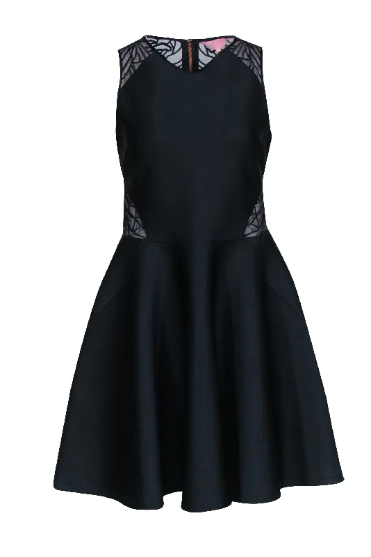 Ted Baker - Black Sleeveless Fit & Flare Dress w/ Embroidered Mesh Detail Sz 6 Satin unclassified dresses