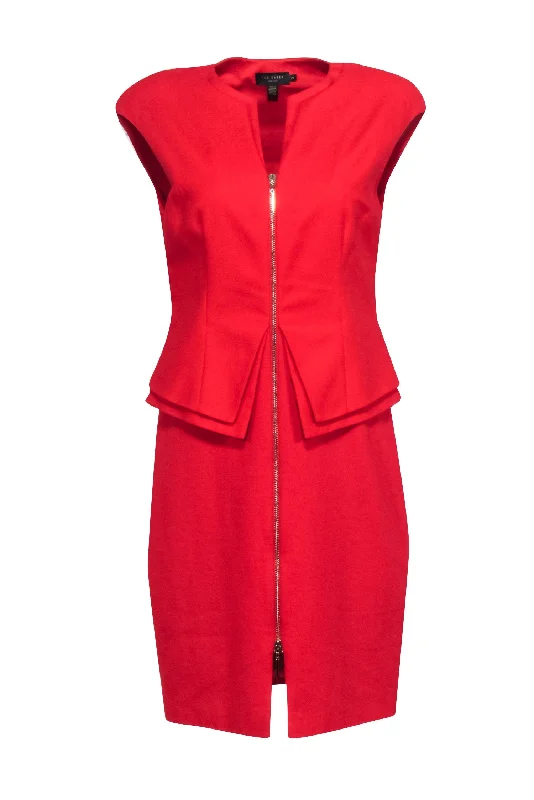 Ted Baker - Red Peplum Zip-Up Sheath Dress w/ Padded Shoulders Sz 8 Anniversary unclassified dresses