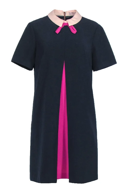 Ted Baker - Navy Pleated Front Collar Dress Sz 10 Lightweight unclassified dresses