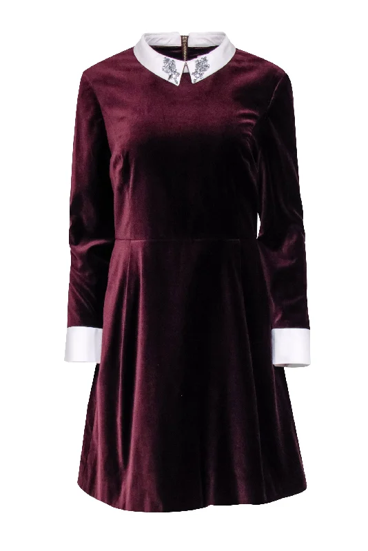 Ted Baker - Maroon Velvet A-Line Dress w/ Jeweled Peter Pan Collar Sz 10 Preppy unclassified dresses