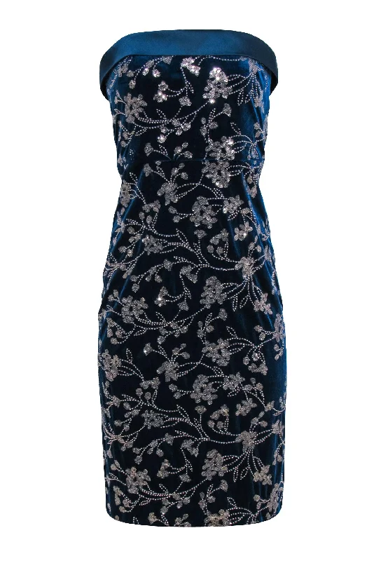 Theia - Dark Blue Velvet Beaded Strapless Dress Sz 8 Corset unclassified dresses