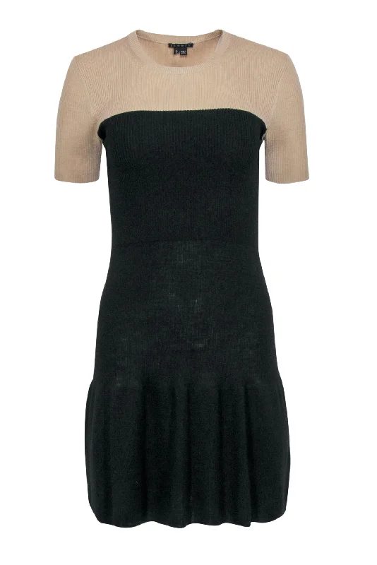 Theory - Tan & Black Wool Color-Blocked Rib Knit Dress Sz S Earthy tone unclassified dresses