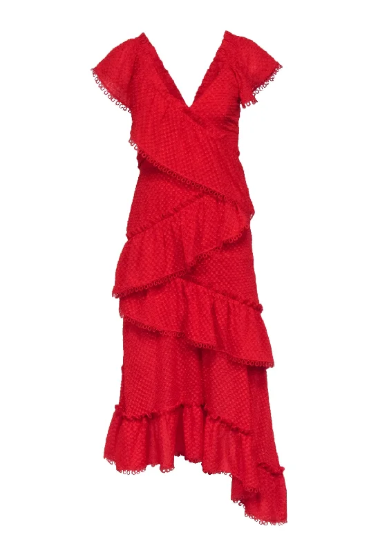 Three Floor - Red Textured Off The Shoulder Tiered Gown Sz 2 Club unclassified dresses