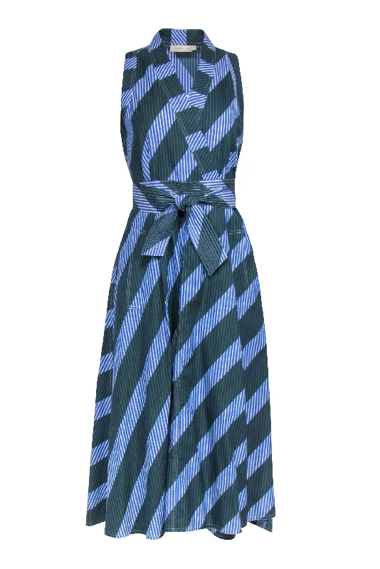 Tory Burch - Green & Blue Striped Sleeveless Wrap Dress Sz 4 Knitted unclassified dresses