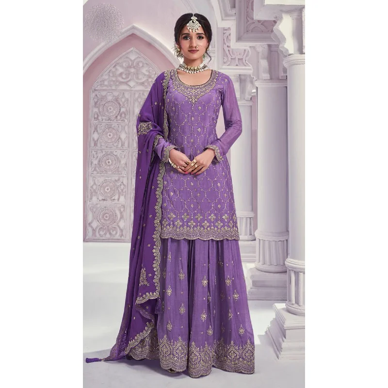 Traditional Designer Chinon With Embroidery Work Salwar Kameez Sharara Suit Neutral tone unclassified dresses