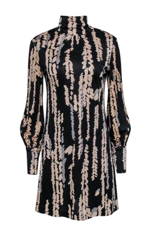 Trina Turk - Black, Beige, & Grey Silk Printed Mock Neck Dress Sz 6 Mesh unclassified dresses