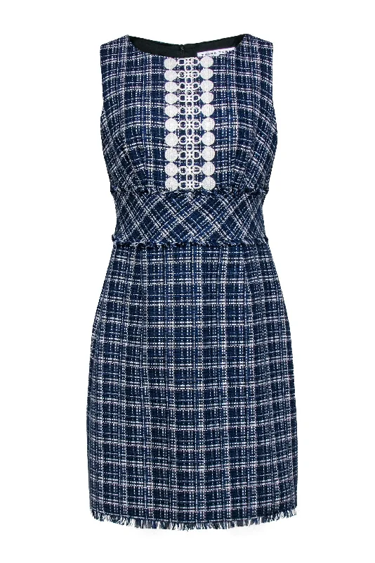 Trina Turk - Blue & White Plaid Tweed Shift Dress Sz 10 Women's unclassified dresses