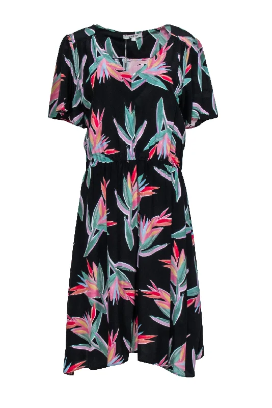 Tucker - Black Multicolor Tropical Print Silk "Chelsea" Dress Sz L Fall unclassified dresses