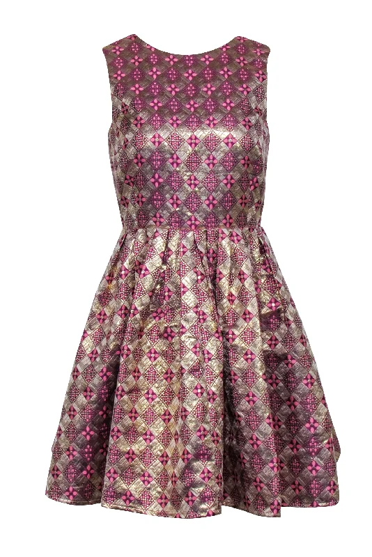 Tuckernuck - Pink, Gold, & Purple Brocade Print Open Back Dress Sz S Casual chic unclassified dresses