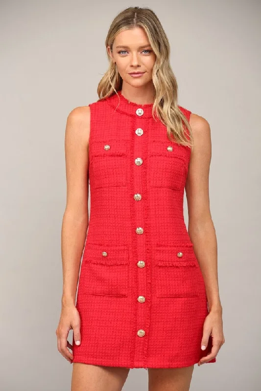 Tweed Dress Pockets Red Striped unclassified dresses