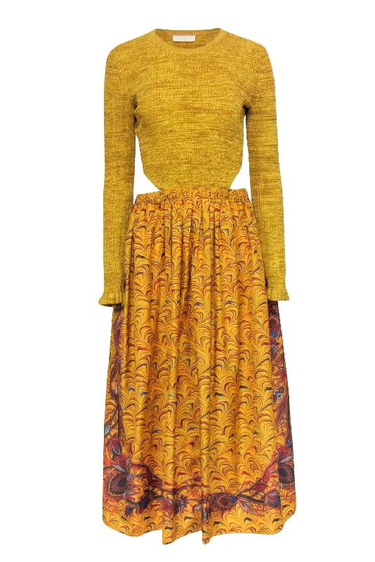 Ulla Johnson - Mustard Yellow Ribbed Bodice Dress w/ Multi Color Print Bottom Sz 6 Striped unclassified dresses