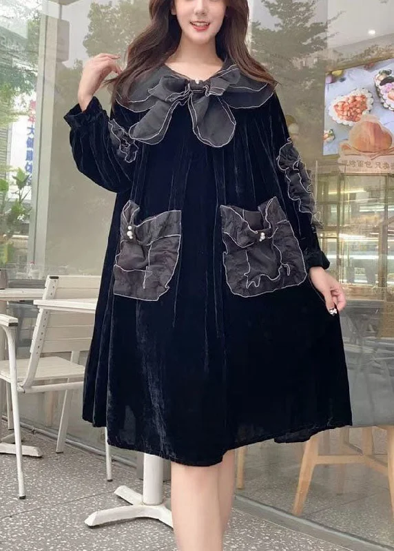 Unique Black Peter Pan Collar Organza Patchwork Silk Velour A Line Dresses Spring Bodycon unclassified dresses