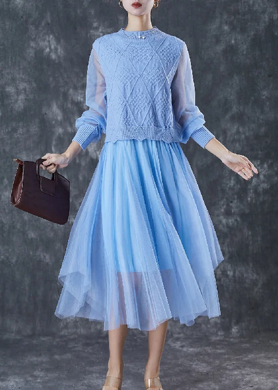 Unique Blue Exra Large Hem Patchwork Knit Dress Spring Wrap unclassified dresses