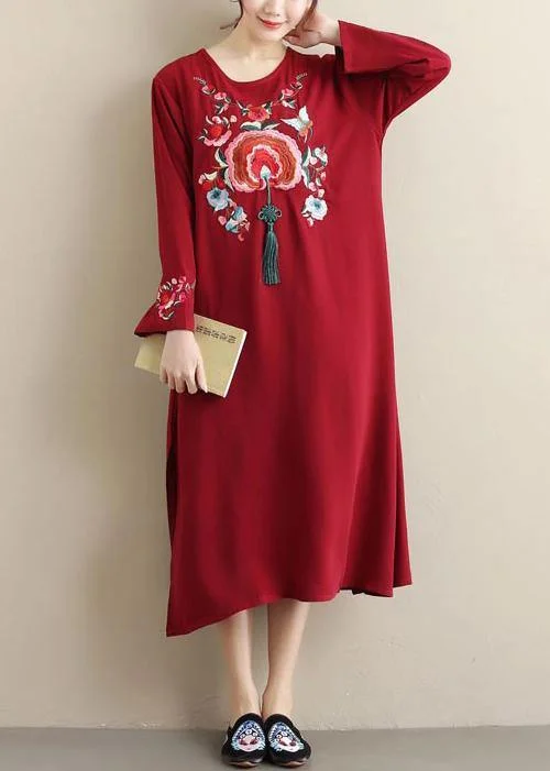 Unique Burgundy Embroidery Tunic Pattern O Neck Tassel Spring Dress Metallic unclassified dresses