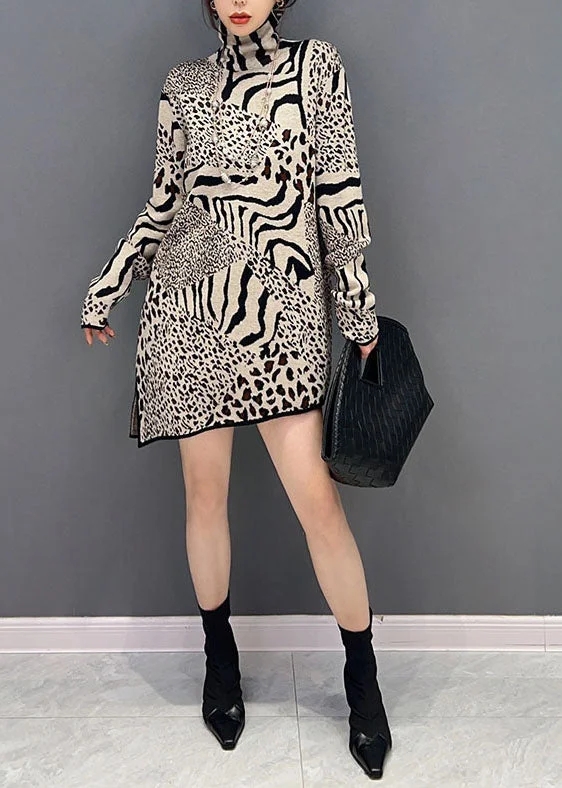 Unique Khaki Turtle Neck Leopard Print Side Open Knit Dress Spring Engagement unclassified dresses