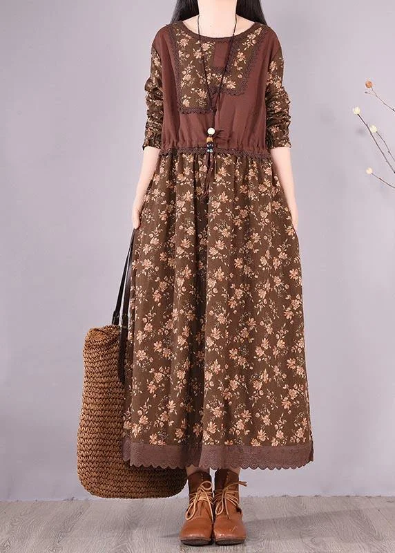 Unique O Neck Patchwork Spring Quilting Clothes Sewing Chocolate Print Loose Dress Beach unclassified dresses