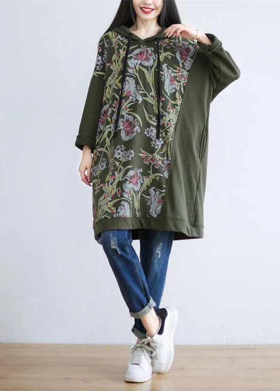 Unique Tea Green Hooded Print Cotton Shift Dress Spring Neutral tone unclassified dresses