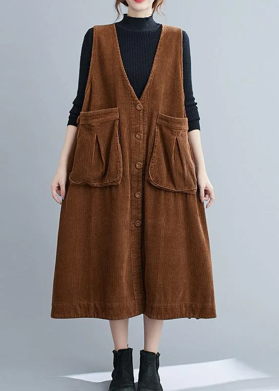 Unique V Neck Sleeveless cotton Spring Dresses Lnspiration Brown Robe Dress Holiday unclassified dresses