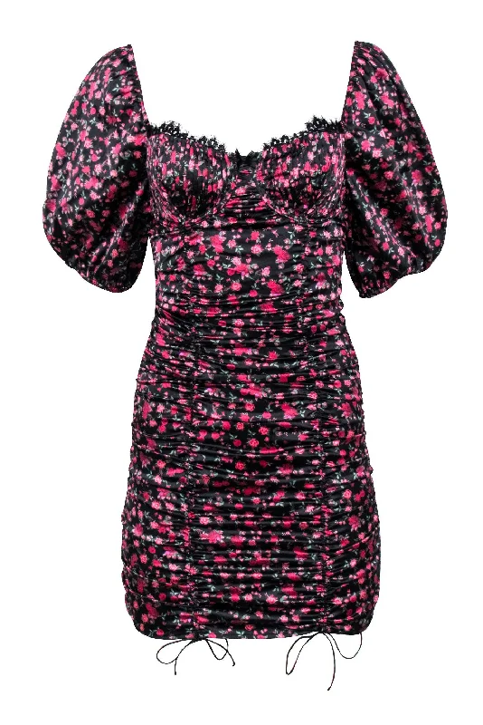 For Love & Lemons - Black w/ Pink Rose Print Satin Ruched Dress Sz S Long sleeve unclassified dresses