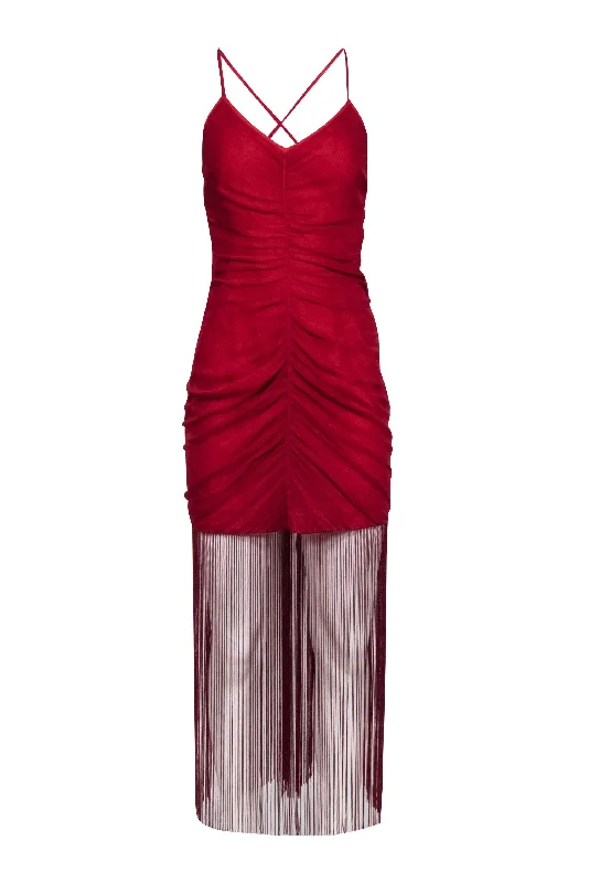 Vineet Bahl - Red Cross Back Fringe Hem Dress Sz L Metallic unclassified dresses