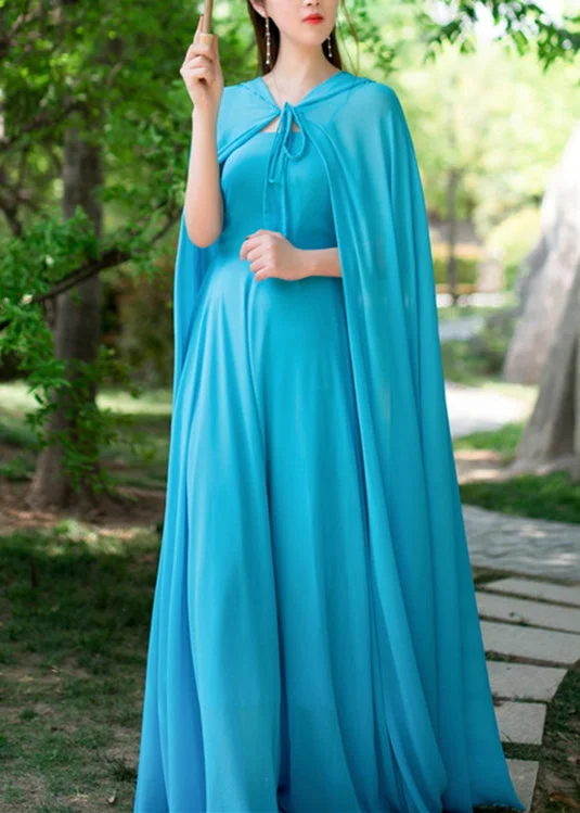 Vintage Blue Neck Tie Chiffon Cloak And Slip Dress Two Piece Set Spring Casual unclassified dresses