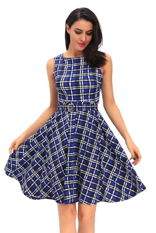 Vintage Check Print Swing Dress in Blue Lace unclassified dresses