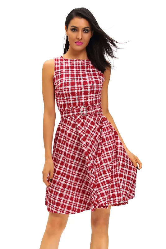 Vintage Check Print Swing Dress in Red Formal unclassified dresses