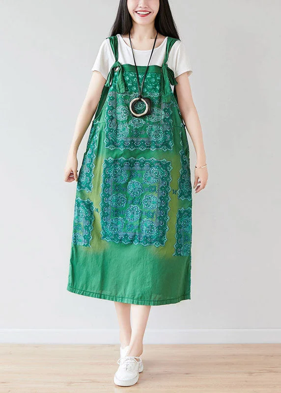 Vintage Green Oversized Print Cotton Strap Dress Spring Dark color unclassified dresses