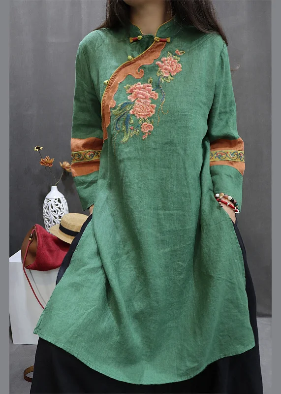 Vintage Green Stand Collar Embroideried Linen Holiday Dress Spring High-low unclassified dresses