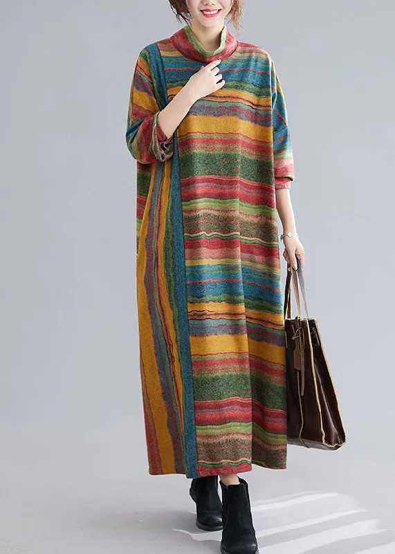 Vintage Green Turtle Neck Patchwork Striped Cotton Ankle Dress Spring Festival unclassified dresses