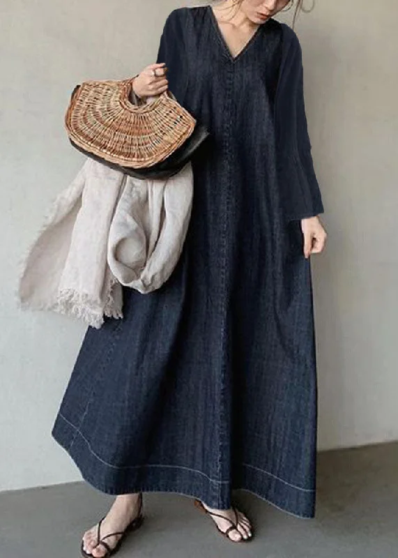 Vintage Navy V Neck Patchwork Loose Waist Cotton Dress Spring Petite unclassified dresses