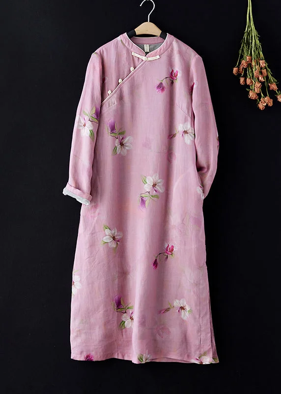 Vintage Pink Stand Collar Print Side Open Warm Fleece Dress Spring Off-shoulder unclassified dresses