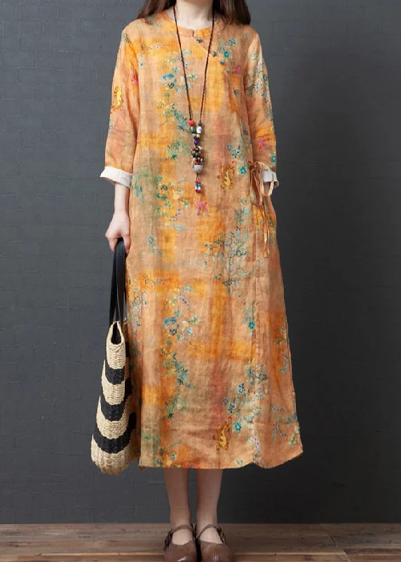 Vintage Yellow O-Neck Print Tie Waist Linen Holiday Dress Spring Casual unclassified dresses