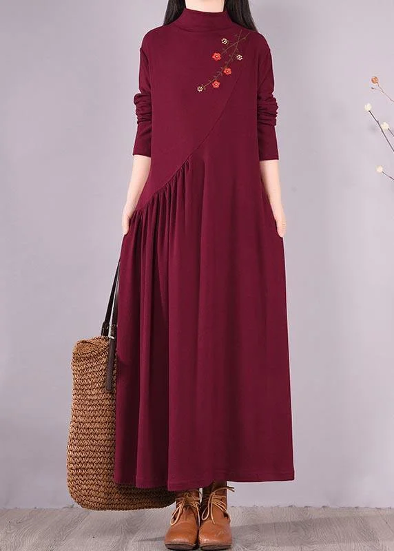 Vivid Burgundy Embroidery Tunic Pattern High Neck Cinched Spring Dress Discounted unclassified dresses