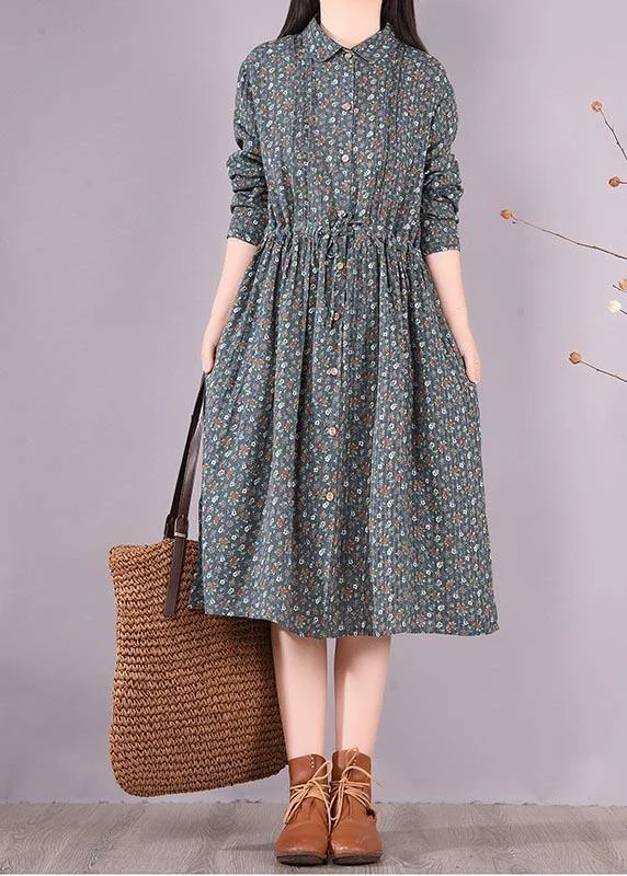 Vivid Green Print Dresses Lapel Drawstring A Line Spring Dress Lightweight unclassified dresses